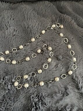 Silver Chain Necklace with White Pearl Beads - Women's Jewelry